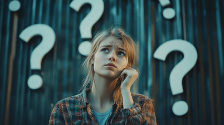 A young woman appears puzzled, contemplating her thoughts as she stands amid large question marks, creating an inquisitive atmosphere.の素材