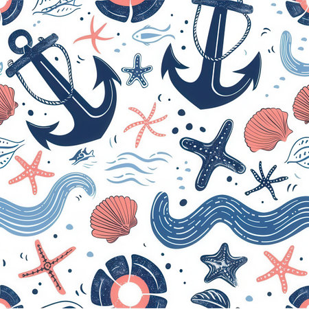 A vibrant pattern showcases anchors, sea stars, shells, and waves, perfect for beach-themed decorations or textile designs.の素材
