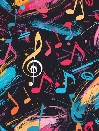 Bright brushstrokes in various colors merge with musical notes on a chalkboard, creating a lively atmosphere ideal for artistic expression.の素材