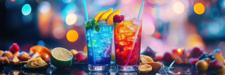 Brightly colored cocktails are served with an array of snacks and fresh fruit slices, perfect for a festive evening celebration.の素材