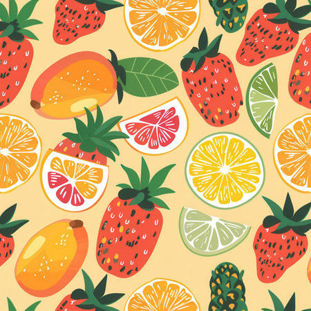 A vibrant arrangement of strawberries, oranges, mangoes, and limes creates a lively pattern perfect for fabric printing.の素材