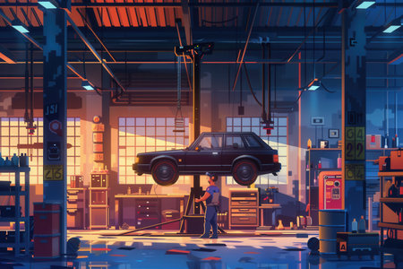 A mechanic works diligently under a car hoisted in a spacious garage, surrounded by tools and equipment as sunlight streams through the windows.の素材