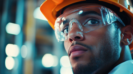 A construction worker attentively monitors the work site, equipped with safety glasses and a hard hat for protection.の素材