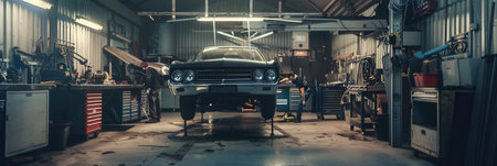 A mechanic inspects the undercarriage of a car on a hoist in a busy auto repair shop filled with tools and equipment.の素材