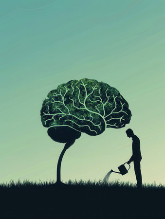 A silhouette of a man waters a tree resembling a brain, representing the nurturing of intellect and creativity at twilight.の素材