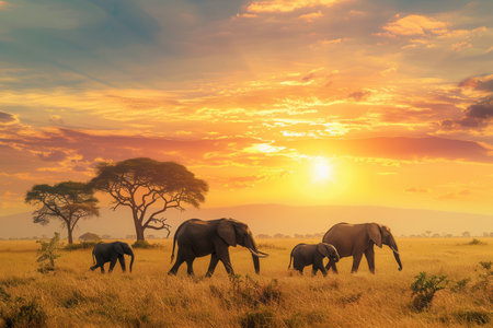 As the sun sets over the African savanna, a family of elephants walks gracefully, silhouetted against the vibrant sky.の素材