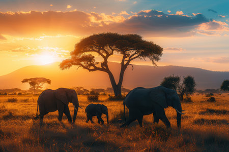 A family of elephants strolls across the golden savanna, silhouetted against a stunning sunset in the African wilderness.の素材