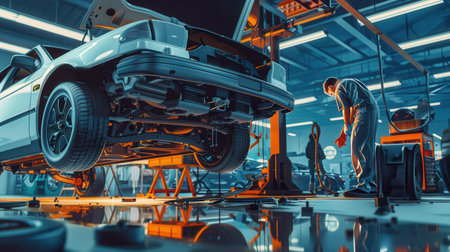 A skilled mechanic is focused on repairing a vehicle positioned on a hoist in an auto shop, ensuring everything runs smoothly.の素材