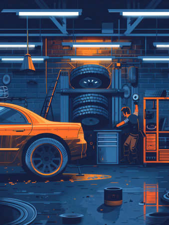 A mechanic focuses on changing tires in a well-equipped workshop, surrounded by various tools and equipment as evening falls.の素材