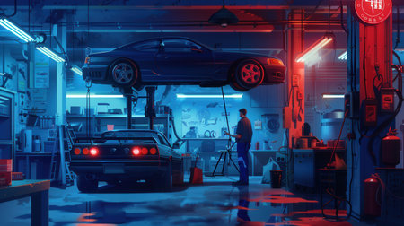 A mechanic works diligently under a classic car elevated on a hoist in a well-equipped and vibrant workshop.の素材