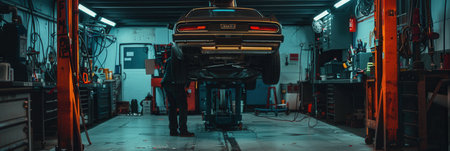A mechanic is focused on repairing a classic car elevated on a hoist in a well-equipped automotive workshop, illuminated by overhead lights.の素材
