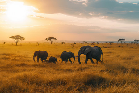 A herd of elephants strolls gracefully across the golden savanna as the sun sets, creating a beautiful silhouette against the horizon.の素材
