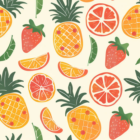 Colorful fruits including pineapples, oranges, and strawberries create a lively pattern, perfect for summer-inspired projects and decorations.の素材