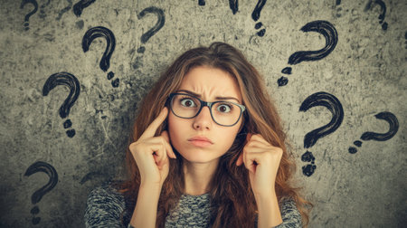 A young woman wearing glasses looks perplexed as she touches her head, surrounded by question marks on a gray wall, suggesting confusion.の素材