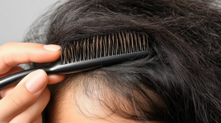 A woman is holding a comb and hairbrush, visibly stressed as she deals with hair loss and problems with her hair at her home.の素材