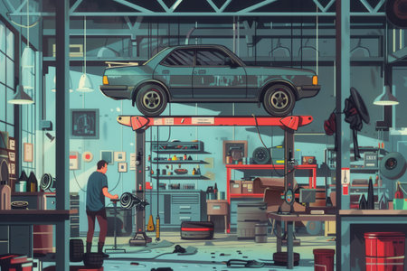 A mechanic works diligently under a car raised on a hoist, surrounded by tools and automotive equipment in a well-lit workshop.の素材