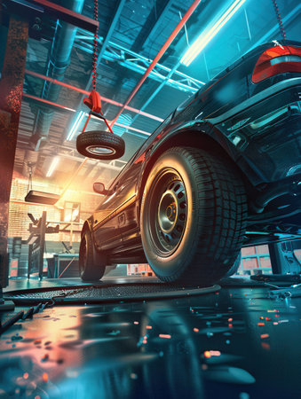 A skilled worker is in a garage workshop replacing tires on a vehicle under bright lighting, showing casing automotive tools and equipment.の素材