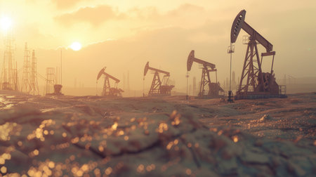 Oil derricks are actively extracting crude oil from a desert oilfield as the sun sets, casting a warm glow on the landscape.の素材