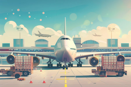A cargo airplane sits on the runway surrounded by loading and unloading equipment at an airport on a sunny day.の素材