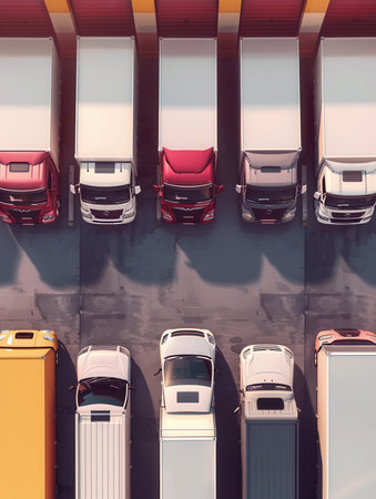 Several trucks and vans are parked neatly at a warehouse, prepared for loading goods and deliveries under clear weather.の素材