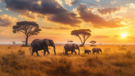 A family of elephants strolls gracefully through the African savanna while the sun sets, casting a golden glow across the grasslands.の素材