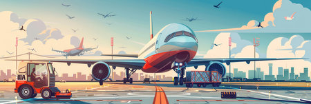 A cargo airplane is parked on the runway, surrounded by loading and unloading equipment, while other planes are seen nearby.の素材