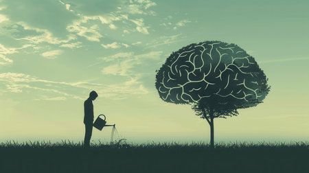 A man waters a tree that resembles a human brain, representing the nurturing of intellect and the growth of creative ideas.の素材