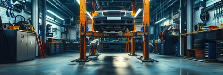 A mechanic performs maintenance under a car that is elevated on a hoist in a busy garage filled with tools and equipment.の素材