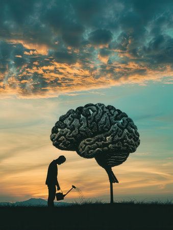 A man is watering a tree that resembles a human brain against a vibrant sunset, illustrating the concept of nurturing intellect and creativity.の素材