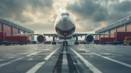 A large cargo airplane awaits loading on the runway, with various unloading equipment and vehicles stationed nearby under cloudy skies.の素材