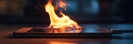 A smartphone is engulfed in flames while charging, highlighting the risks of overheating batteries in devices.の素材