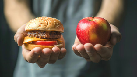 One hand presents a vibrant apple, while the other offers a hamburger, illustrating the contrast between healthy and unhealthy food choices.の素材