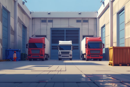 Multiple trucks and vans are parked at a warehouse loading dock, waiting for cargo to be loaded during a clear day.の素材
