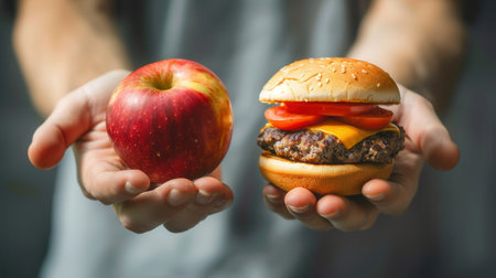 A person holds an apple in one hand and a hamburger in the other, illustrating the contrast between healthy and unhealthy food choices.の素材