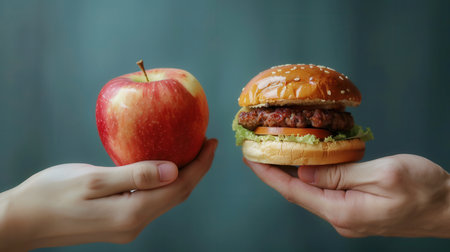 One hand presents a fresh, organic apple while the other holds a hamburger, representing contrasting dietary choices for health.の素材