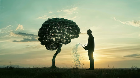 A silhouette of a man waters a tree shaped like a human brain, highlighting the themes of creativity, knowledge, and growth.の素材