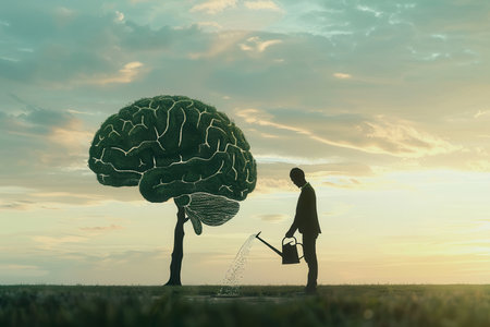 A silhouette of a man is seen nurturing a brain-shaped tree, representing knowledge growth and the power of education during dusk.の素材