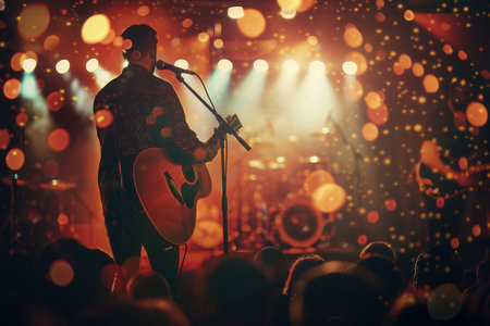 Energetic musicians perform on stage as bright lights illuminate the venue, creating an enthusiastic atmosphere among the crowd.の素材