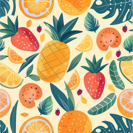 Brightly colored tropical fruits including pineapples, strawberries, and citrus are arranged in a lively pattern on a light backdrop.の素材