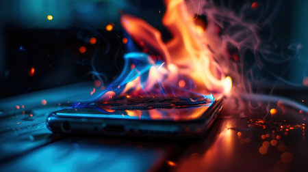 A smartphone catches fire while charging, showing the dangers of overheating batteries and their risks in indoor settings.の素材