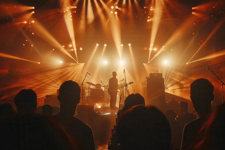 Musicians perform on stage under bright lights, while an enthusiastic crowd engages with the electrifying atmosphere of the concert.の素材