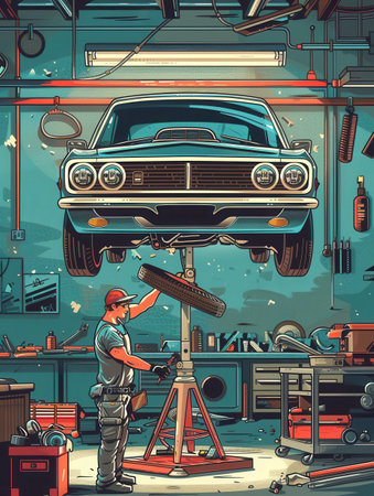 A skilled mechanic is focused on fixing a classic car lifted on a hoist in a busy garage, surrounded by tools and equipment.の素材