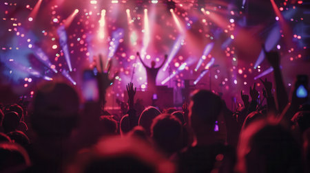 Musicians perform on stage under vibrant lights while an enthusiastic crowd cheers, capturing the excitement of live music.の素材