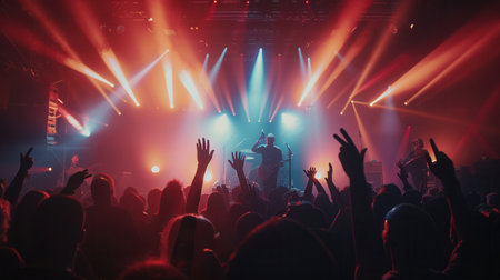 A talented band performs on stage as colorful lights illuminate the venue, creating an electrifying atmosphere with an engaged audience.の素材