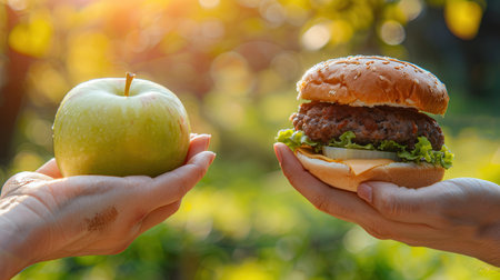 A hand holds a fresh green apple while another hand presents a hamburger, illustrating the contrast between healthy and unhealthy food choices.の素材