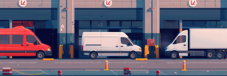 Several trucks and vans are parked at a warehouse dock, awaiting loading and shipment of goods and packages for delivery.の素材