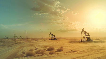 Oil drilling derricks extract crude oil from a desert oilfield as the sun sets, showcasing the energy industry in action.の素材