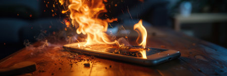 A smartphone catches fire while charging on a table as the battery overheats, creating sparks and flames in a dim setting.の素材