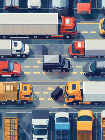 Multiple trucks and vans are parked at a warehouse, ready for loading and delivery operations to begin during daylight hours.の素材