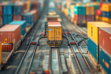 Containers are being transferred from a truck to a train in a busy cargo terminal, highlighting efficient transport integration.の素材